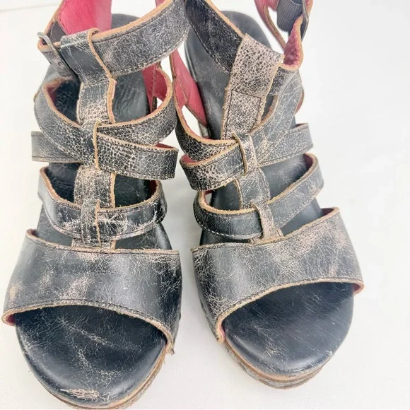 Bed Stu Brown Leather Wood Wedge Strappy Gladiator Sandals - Picture 8 of 14